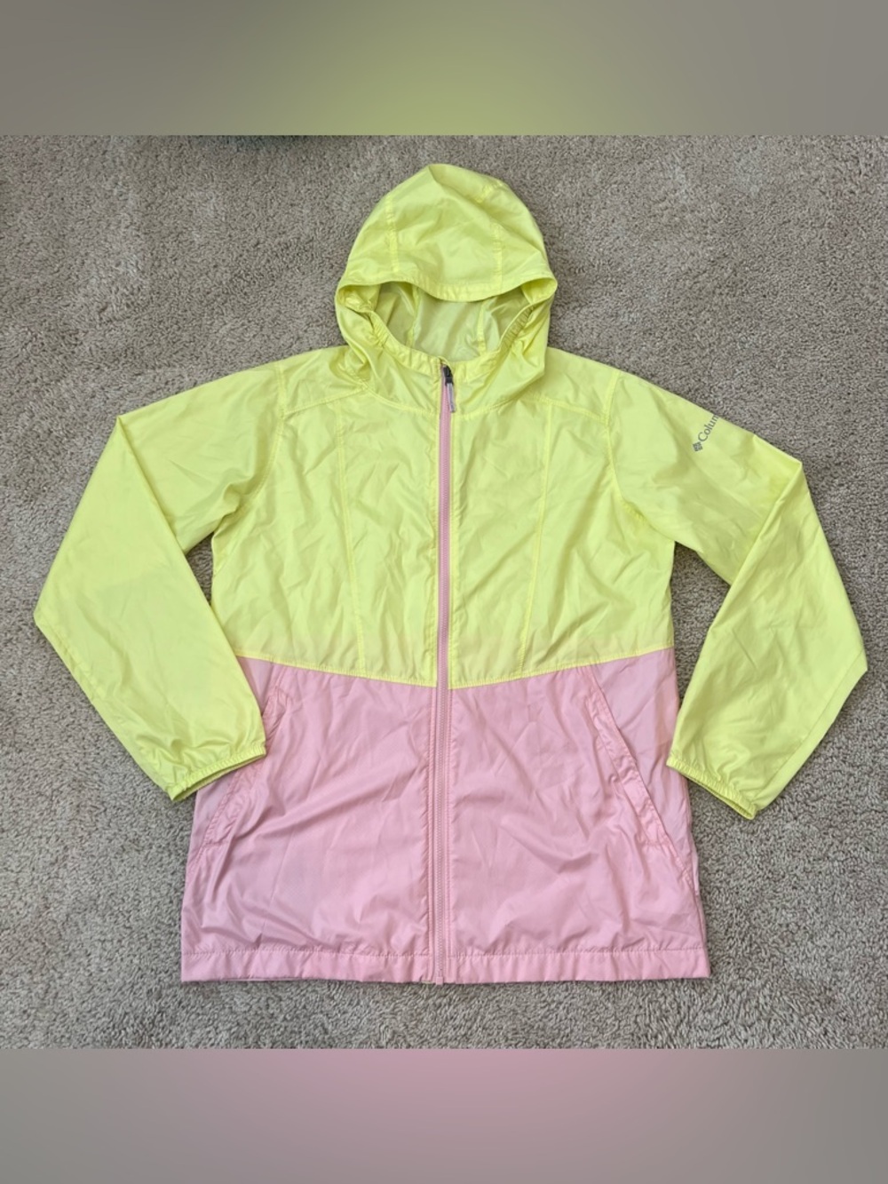 Columbia Large 12/14 Yellow Pink Color Block Lightweight Rain Jacket Windbreaker
